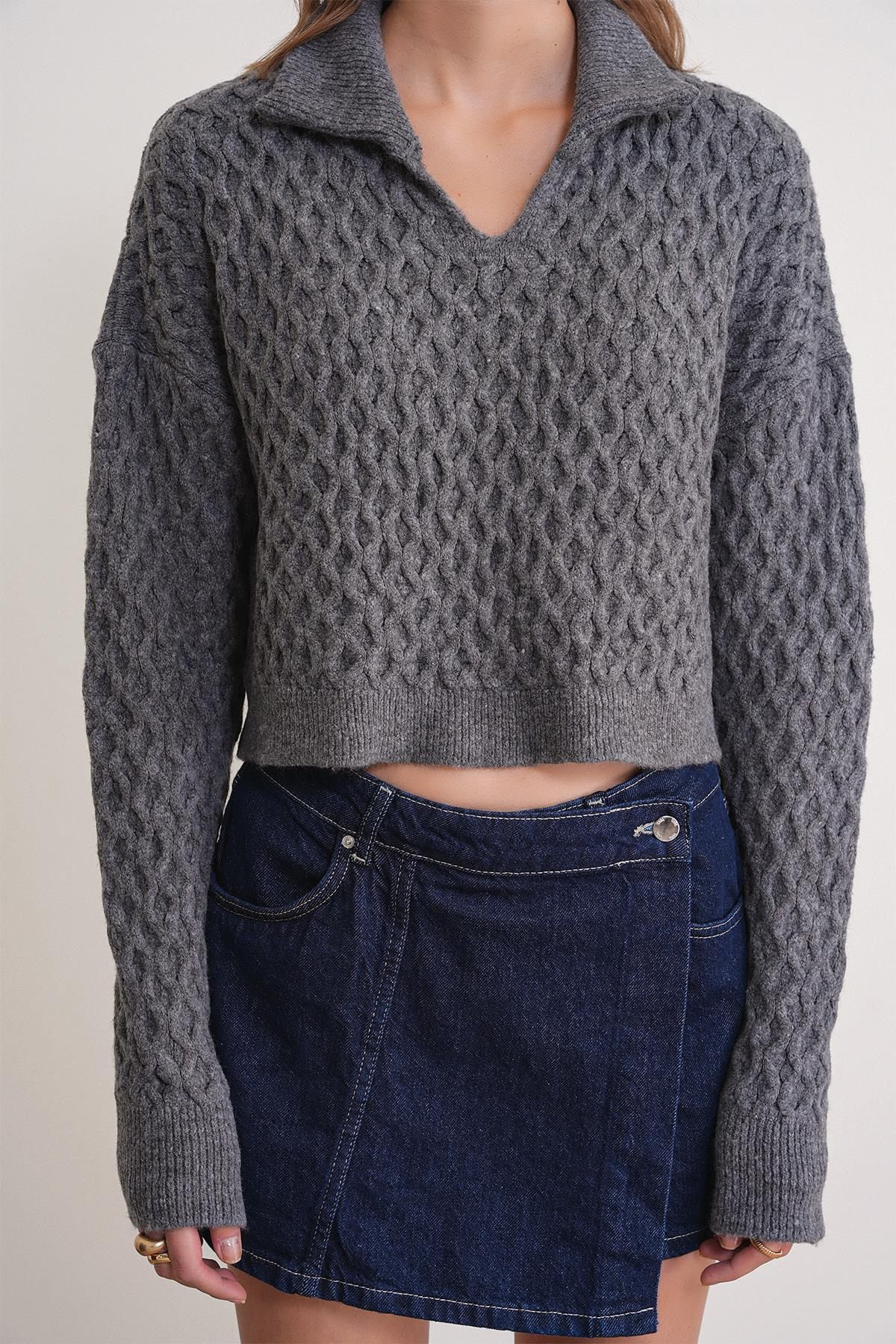 6896 Kadın Örgü Detaylı Crop Triko Kazak Antrasit