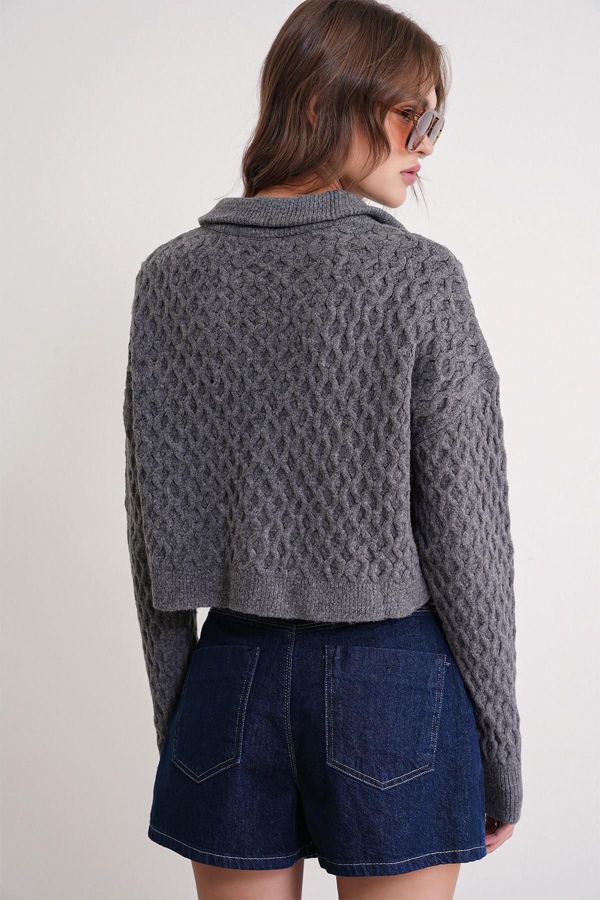 6896 Kadın Örgü Detaylı Crop Triko Kazak Antrasit