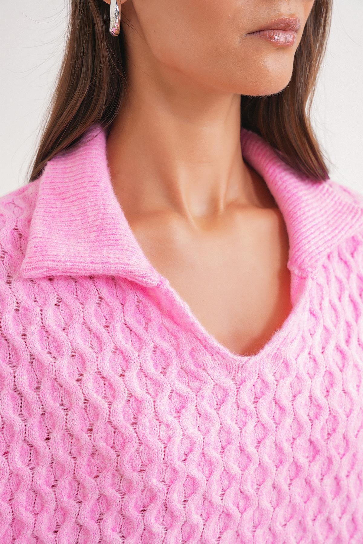 6896 Kadın Örgü Detaylı Crop Triko Kazak Pembe