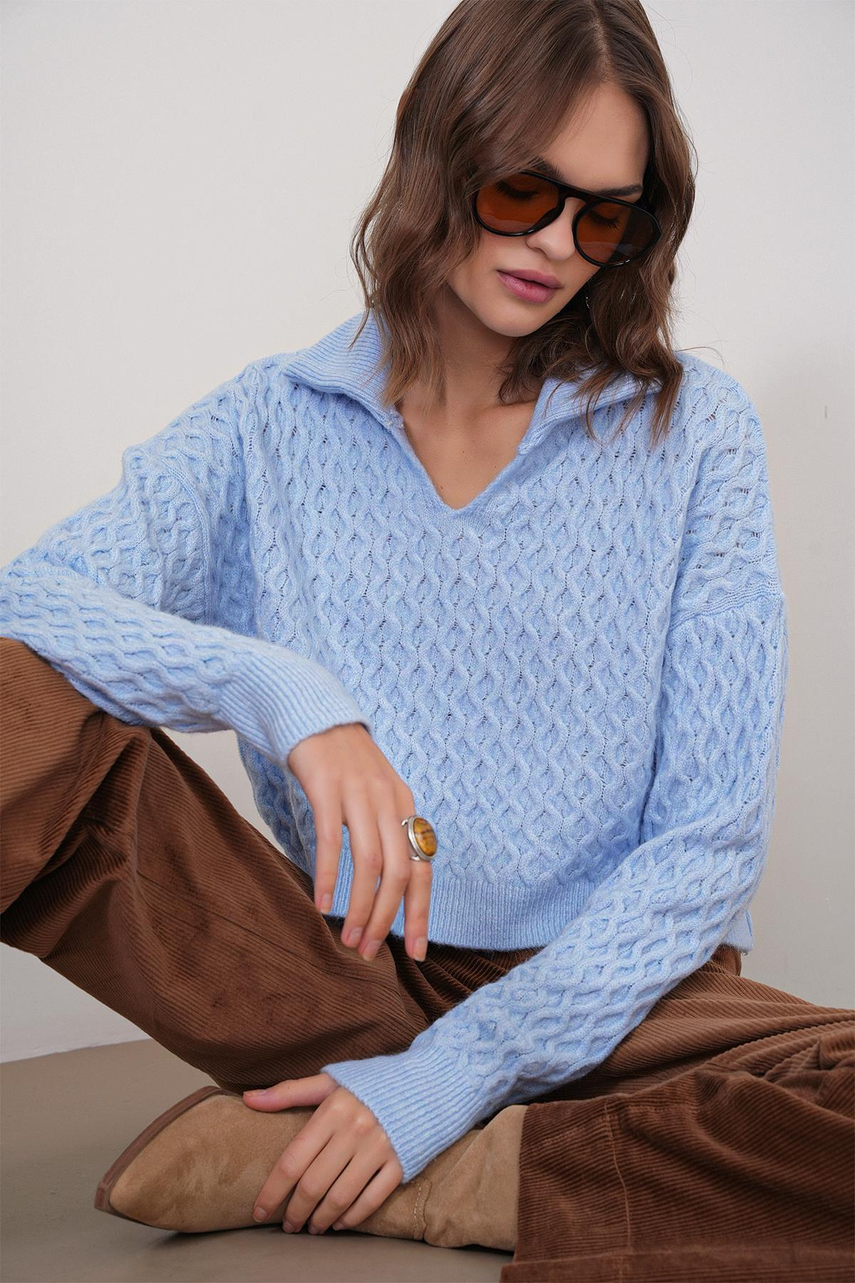 6896 Kadın Örgü Detaylı Crop Triko Kazak Bebe Mavi