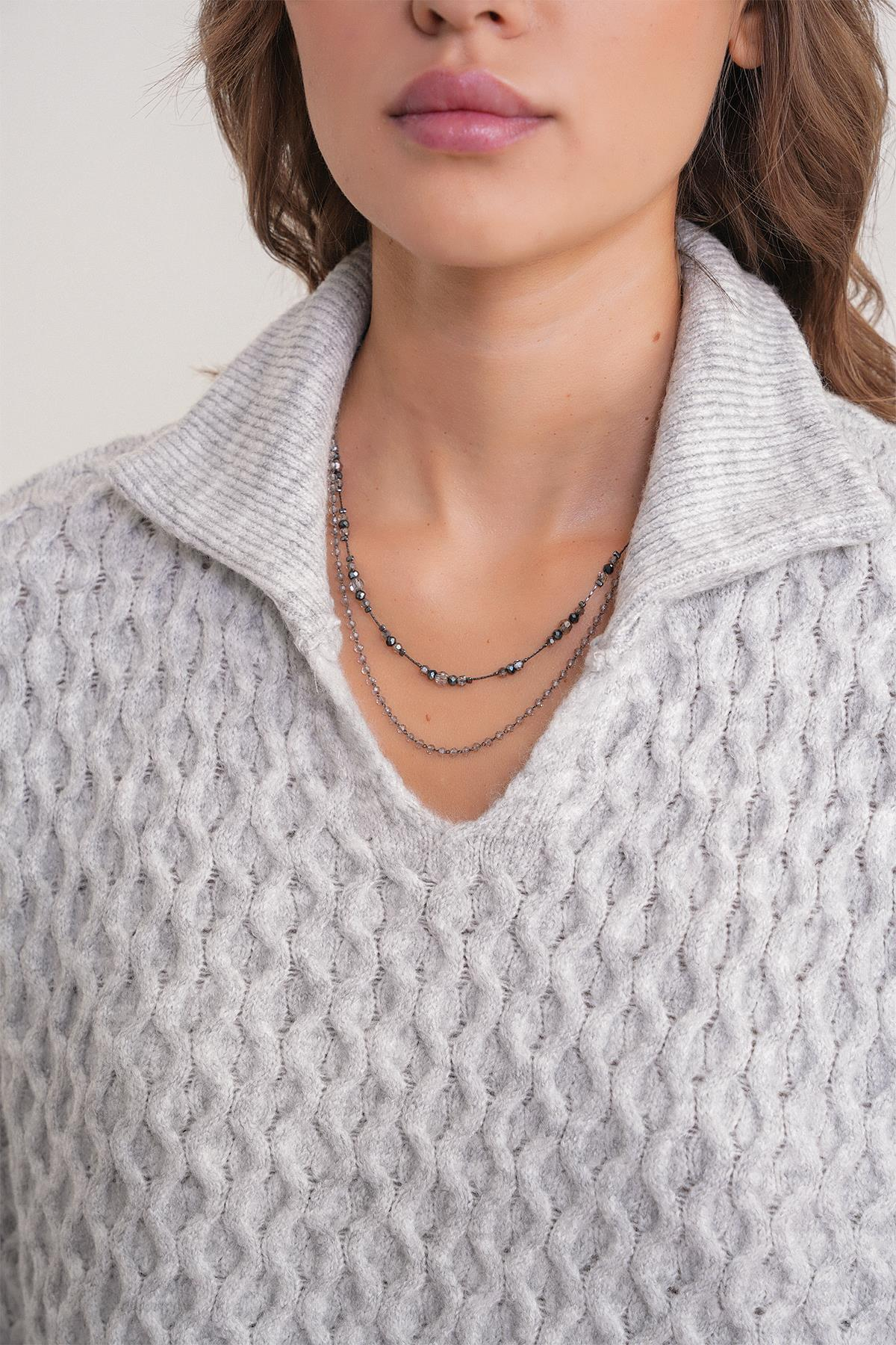 6896 Kadın Örgü Detaylı Crop Triko Kazak Gri