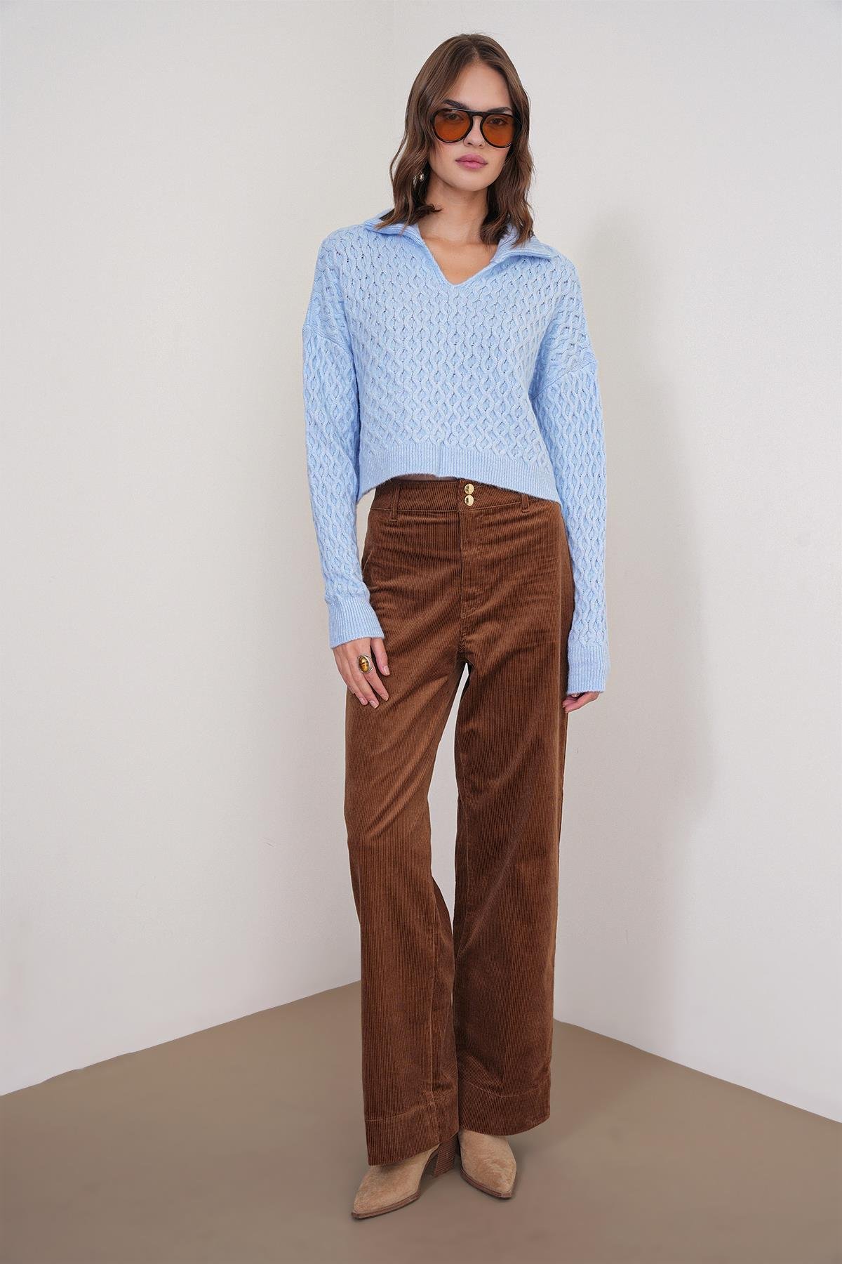6896 Kadın Örgü Detaylı Crop Triko Kazak Bebe Mavi
