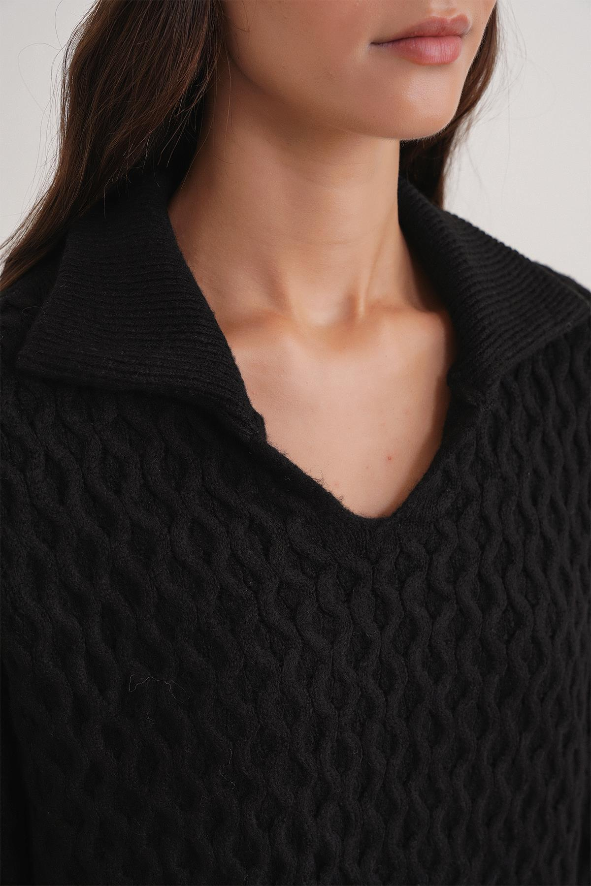 6896 Kadın Örgü Detaylı Crop Triko Kazak Siyah