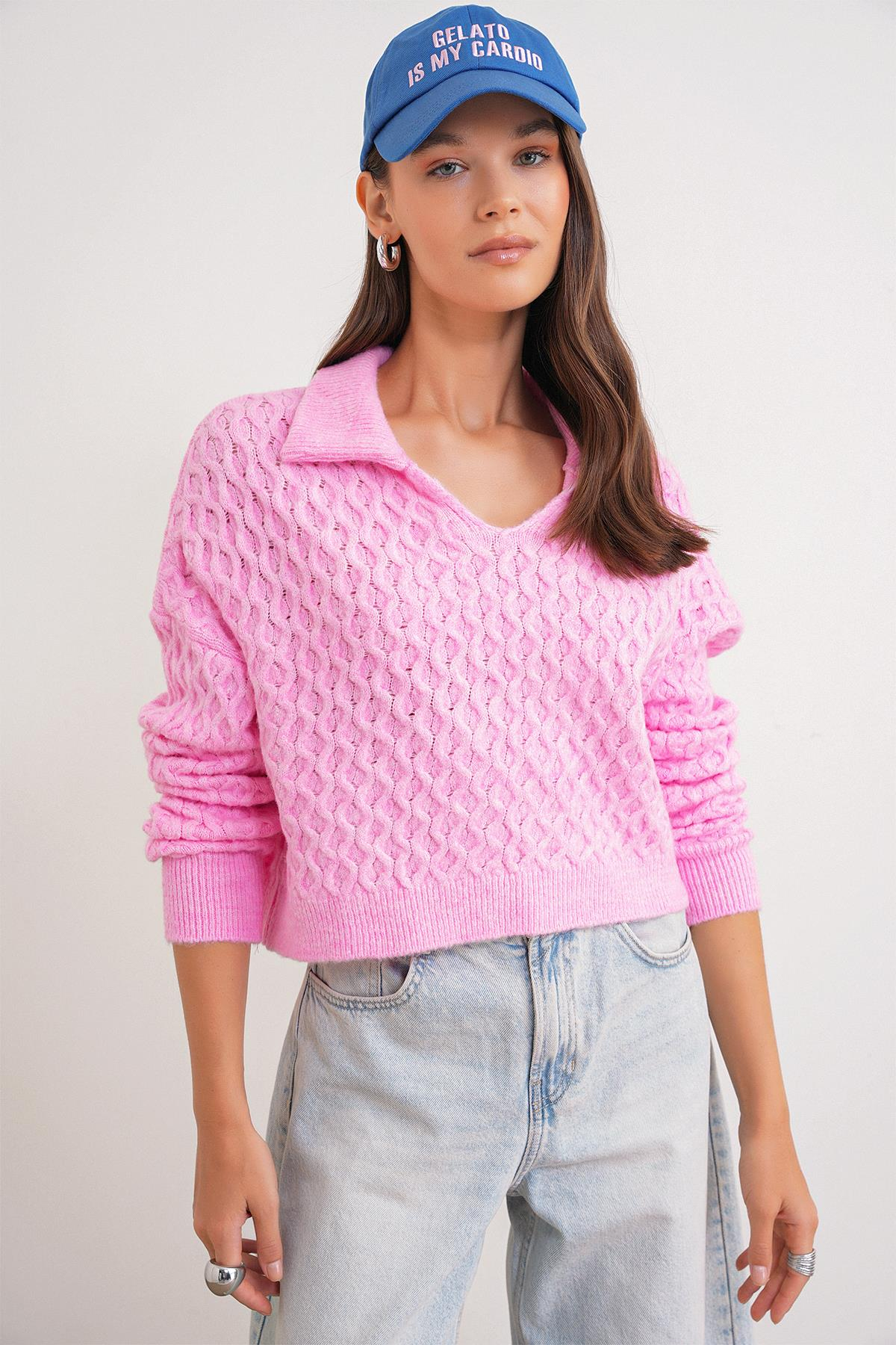 6896 Kadın Örgü Detaylı Crop Triko Kazak Pembe