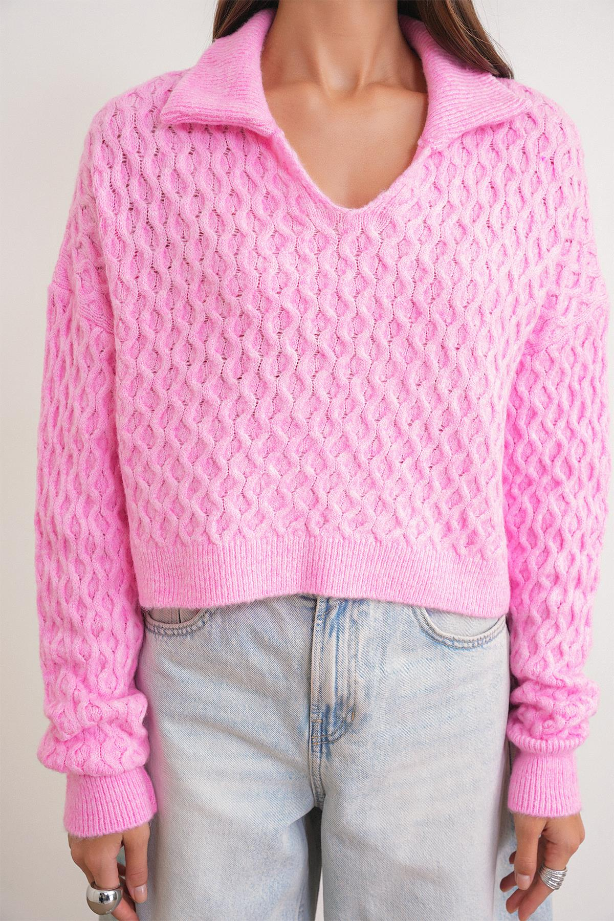 6896 Kadın Örgü Detaylı Crop Triko Kazak Pembe