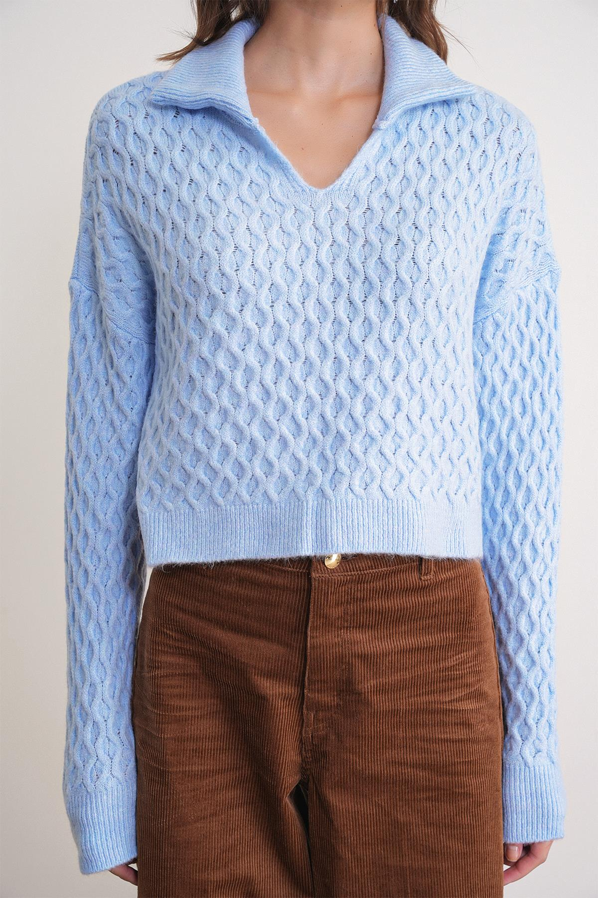 6896 Kadın Örgü Detaylı Crop Triko Kazak Bebe Mavi