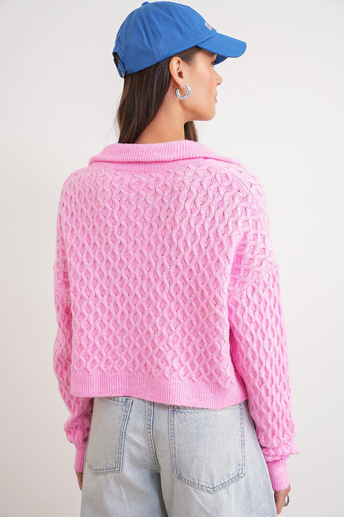 6896 Kadın Örgü Detaylı Crop Triko Kazak Pembe