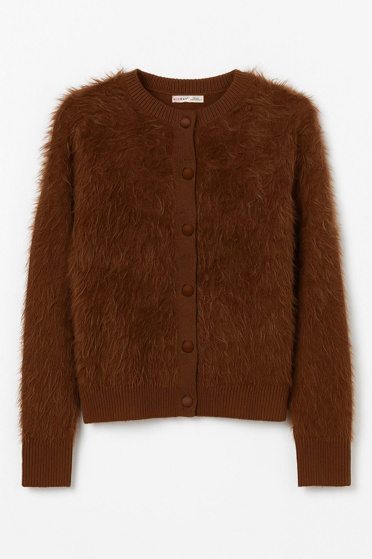 6897 Kadın Uzun Sakallı Bant Detaylı Triko Hırka Kahve