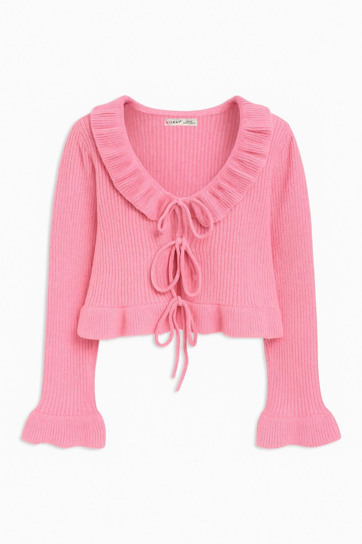 6899 Kadın Önden Bağcıklı Hırka Pembe