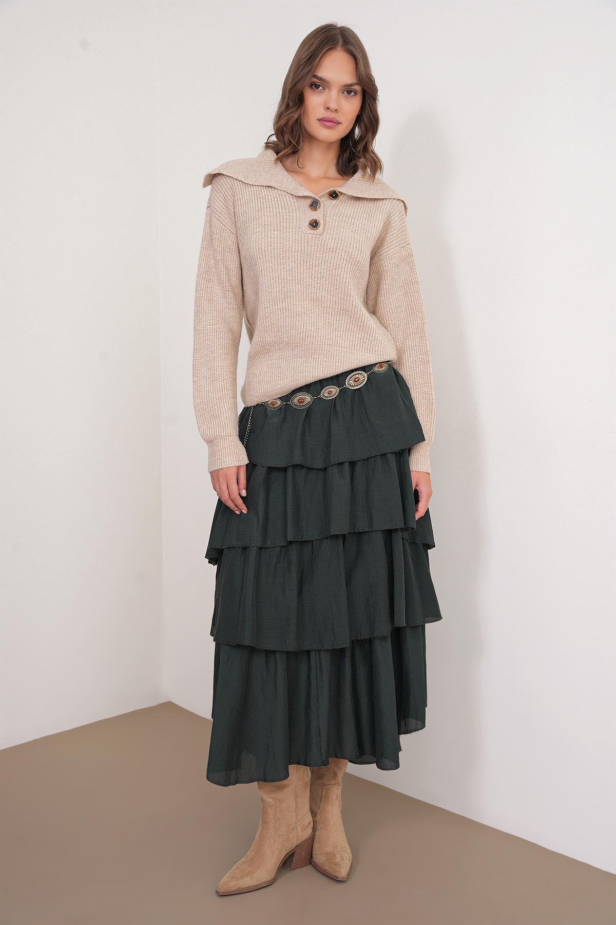 6900 Kadın Düğmeli Devrik Yaka Triko Kazak Bej