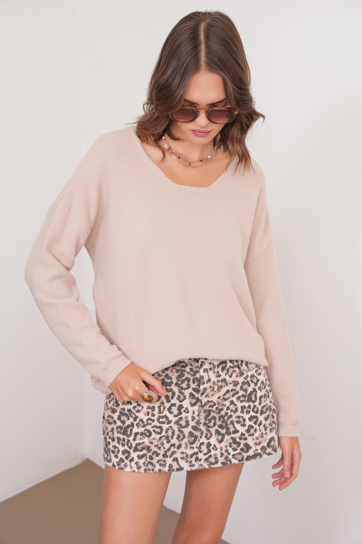 6901 Kadın Yumuşak Dokulu Basic Kazak Camel