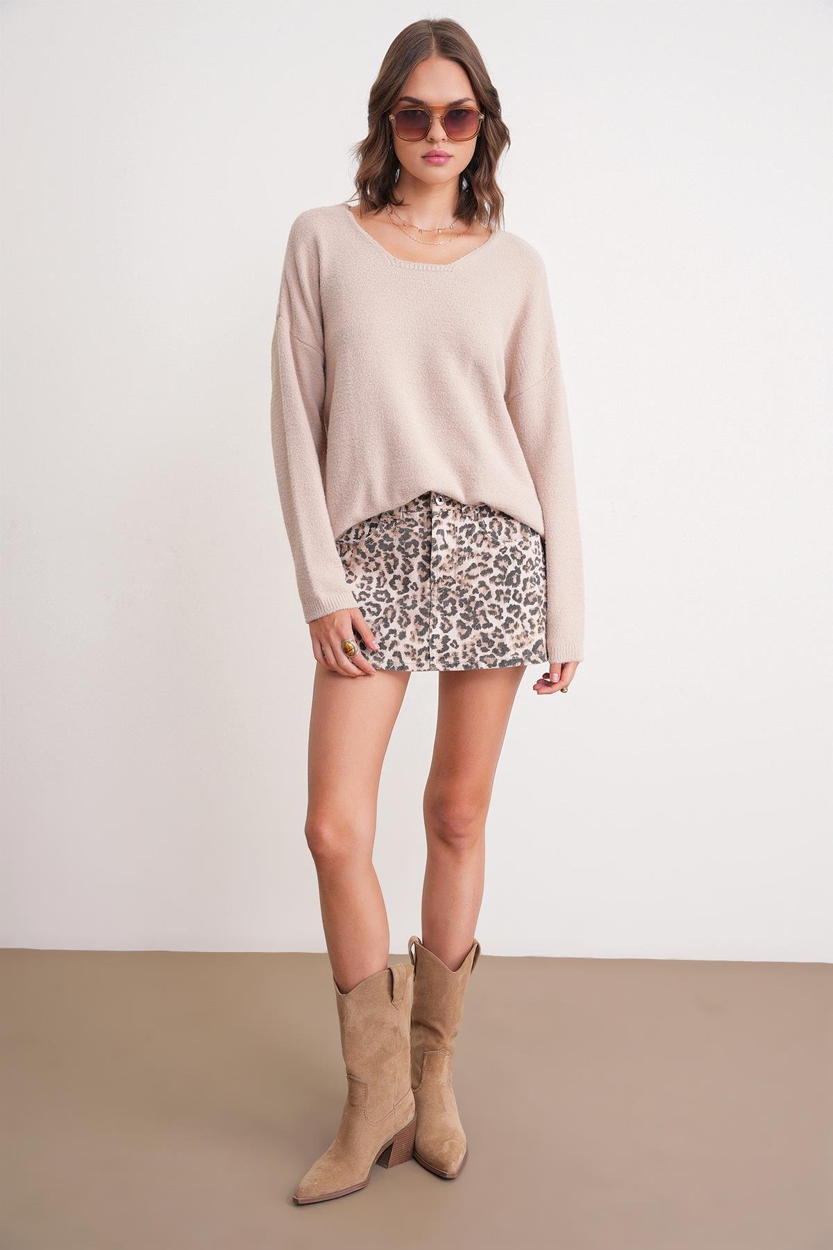 6901 Kadın Yumuşak Dokulu Basic Kazak Camel