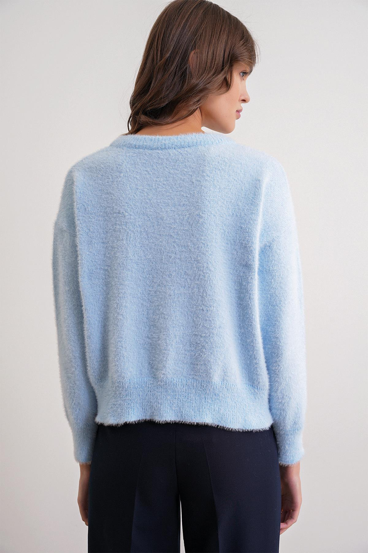 6902 Kadın Sakallı Basic Yumuşak Dokulu Triko Hırka Bebe Mavi