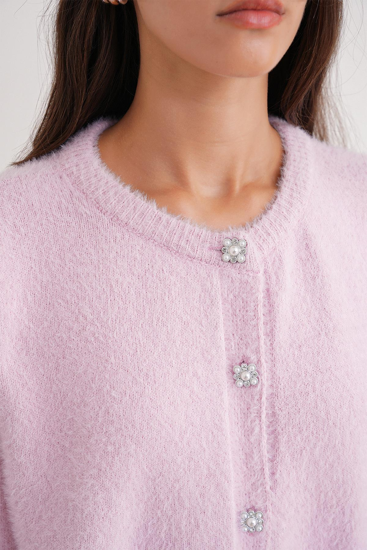 6902 Kadın Sakallı Basic Yumuşak Dokulu Triko Hırka Pembe