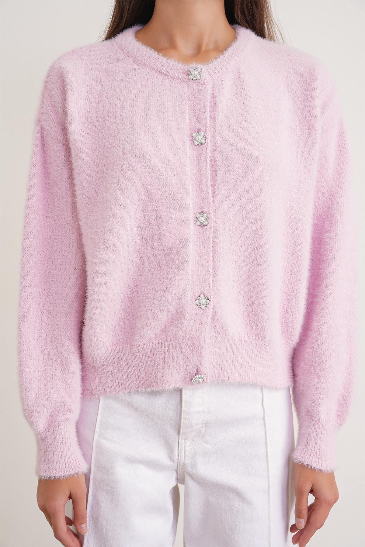 6902 Kadın Sakallı Basic Yumuşak Dokulu Triko Hırka Pembe