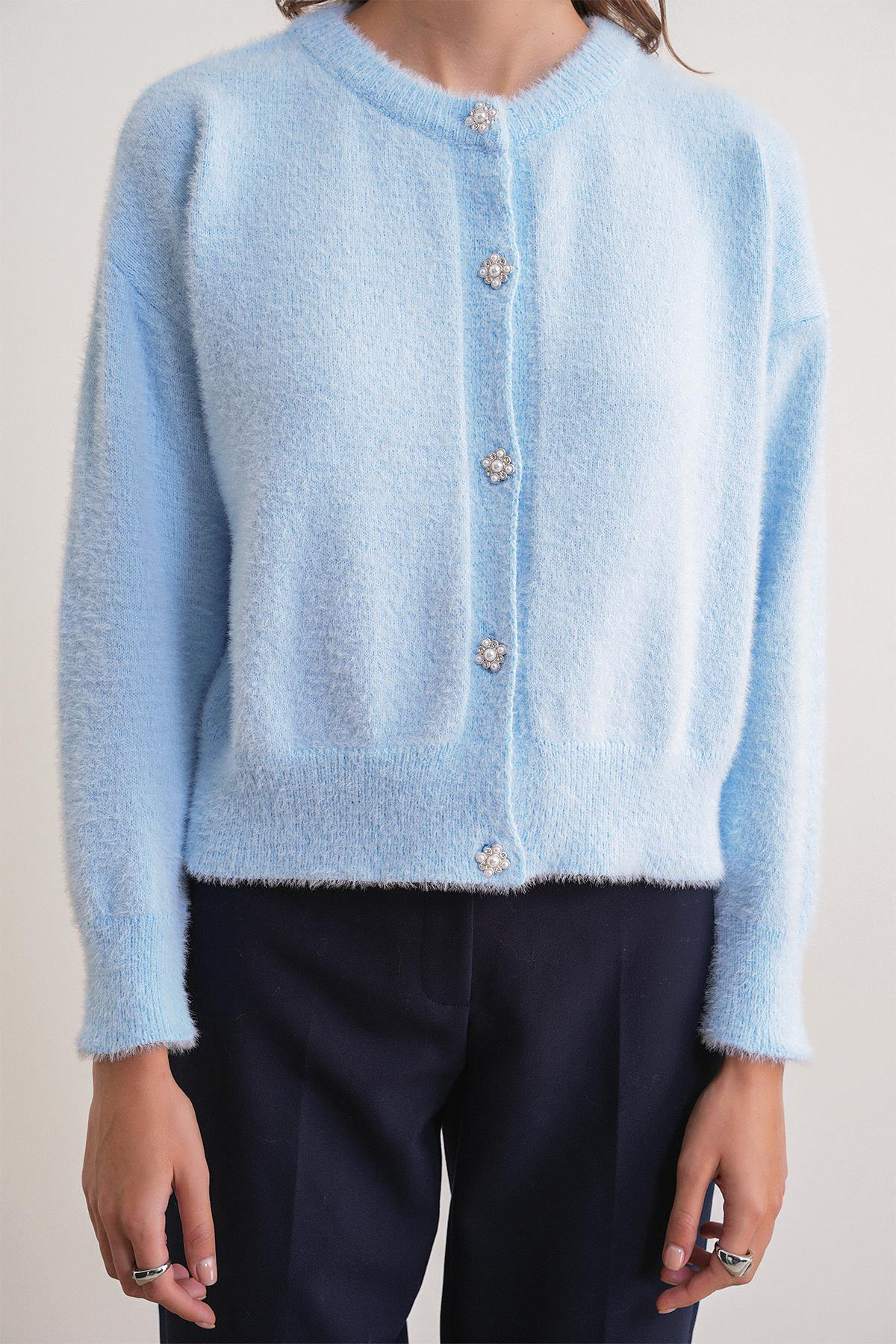 6902 Kadın Sakallı Basic Yumuşak Dokulu Triko Hırka Bebe Mavi