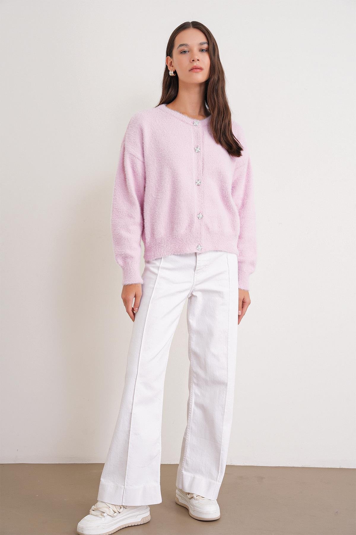 6902 Kadın Sakallı Basic Yumuşak Dokulu Triko Hırka Pembe