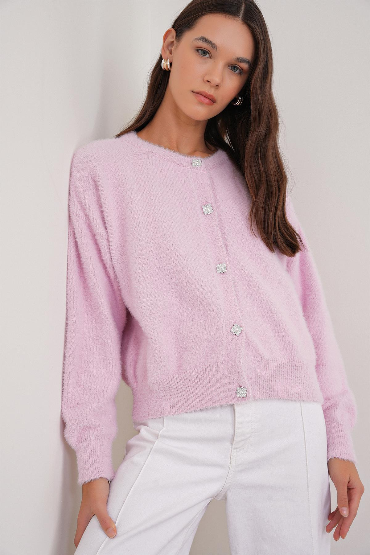 6902 Kadın Sakallı Basic Yumuşak Dokulu Triko Hırka Pembe