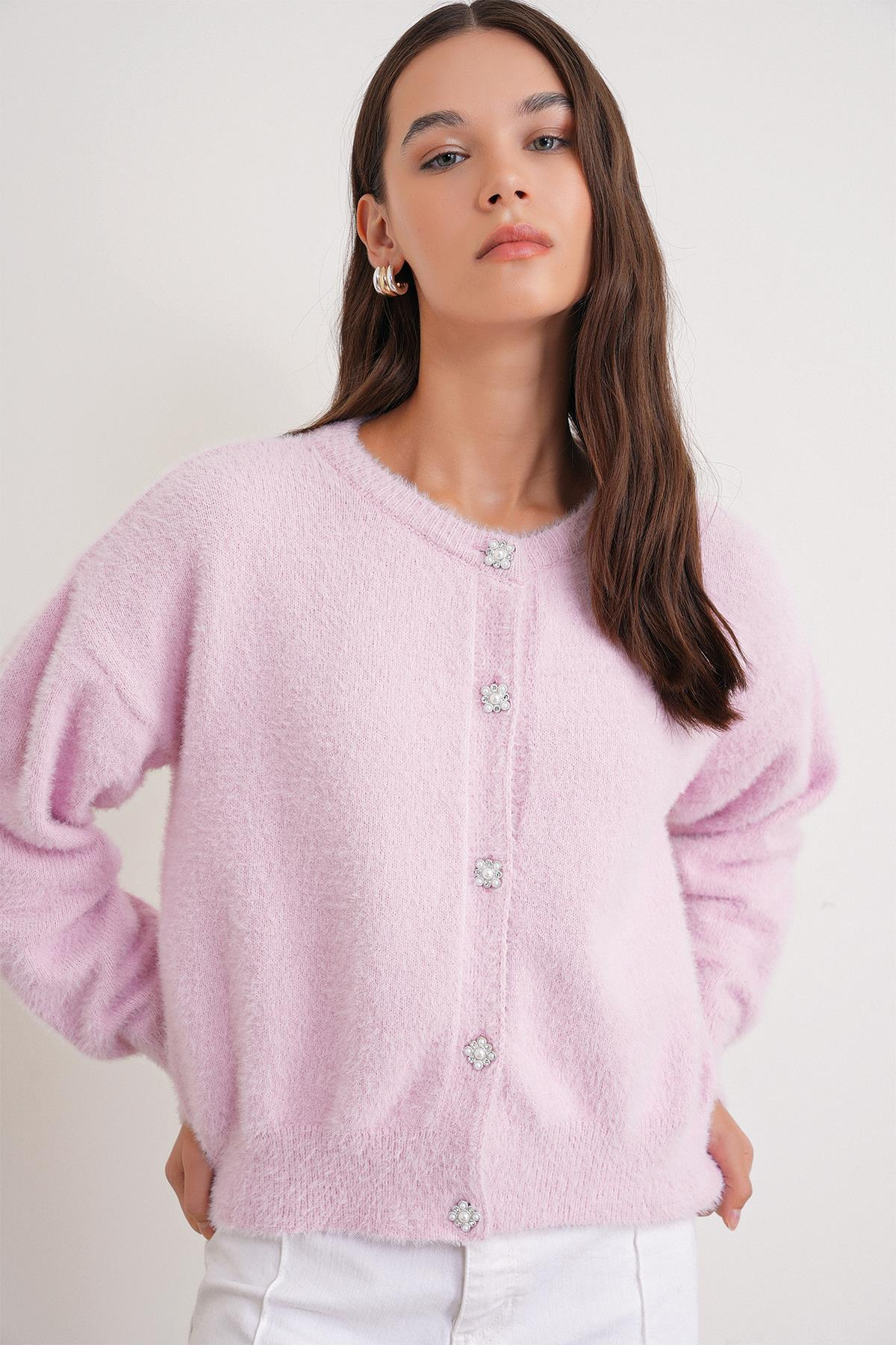 6902 Kadın Sakallı Basic Yumuşak Dokulu Triko Hırka Pembe