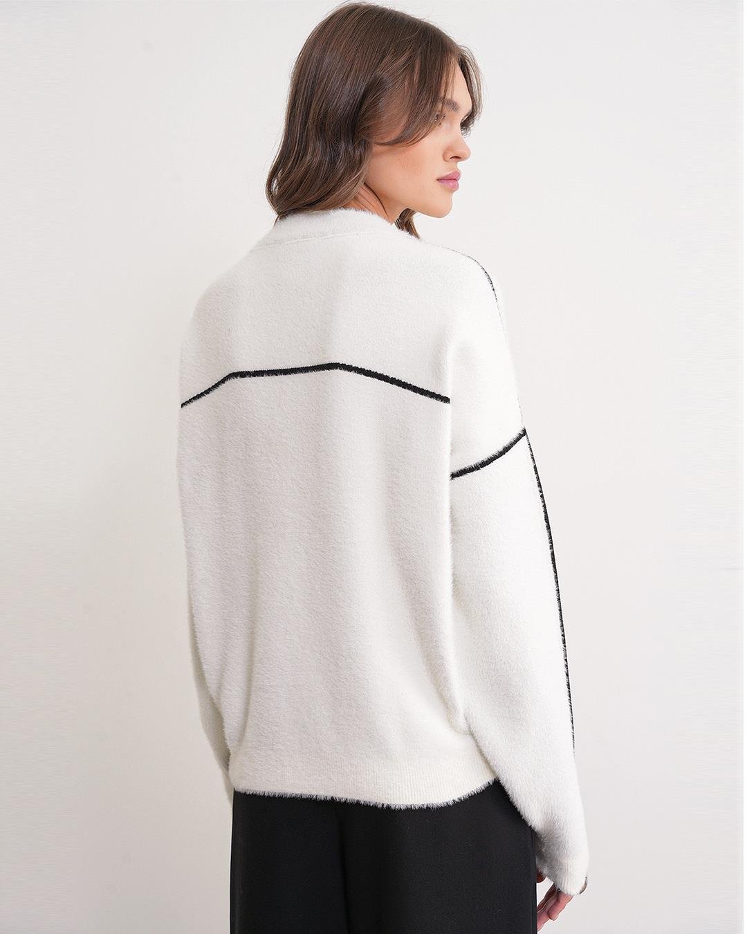 6912 Kadın Şerit Detaylı Triko Ceket Ekru