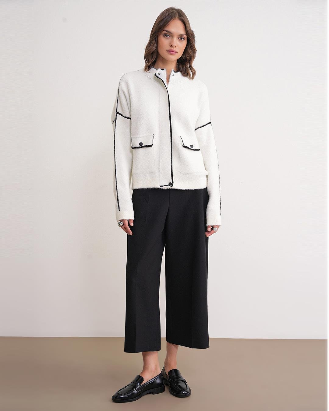 6912 Kadın Şerit Detaylı Triko Ceket Ekru