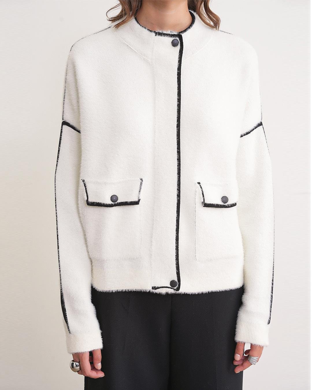 6912 Kadın Şerit Detaylı Triko Ceket Ekru