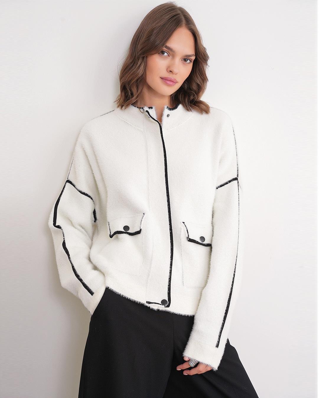 6912 Kadın Şerit Detaylı Triko Ceket Ekru