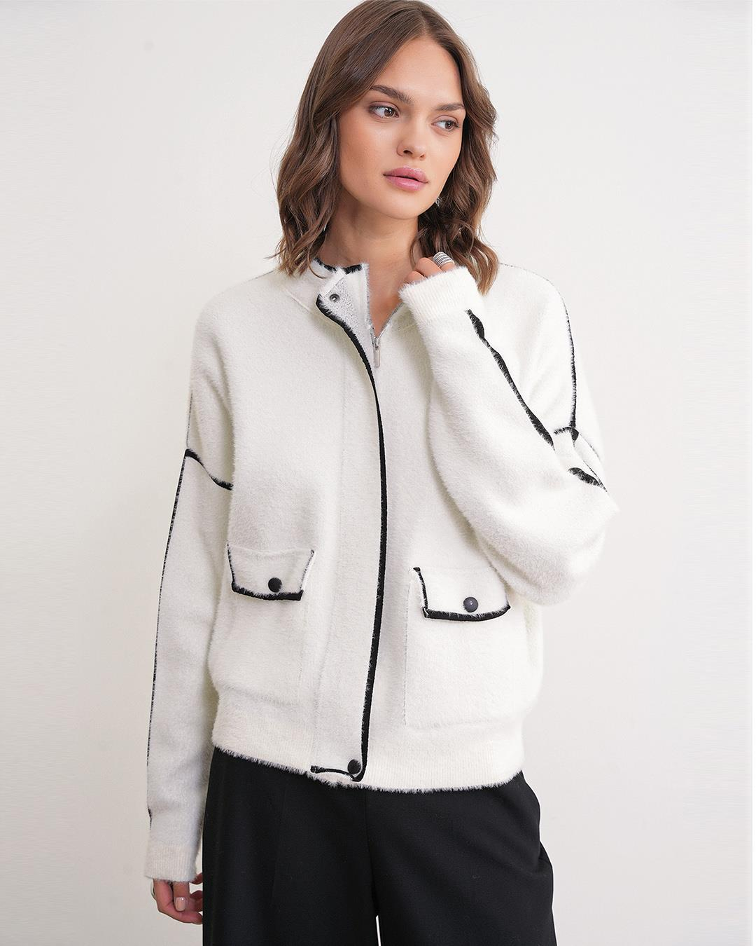 6912 Kadın Şerit Detaylı Triko Ceket Ekru