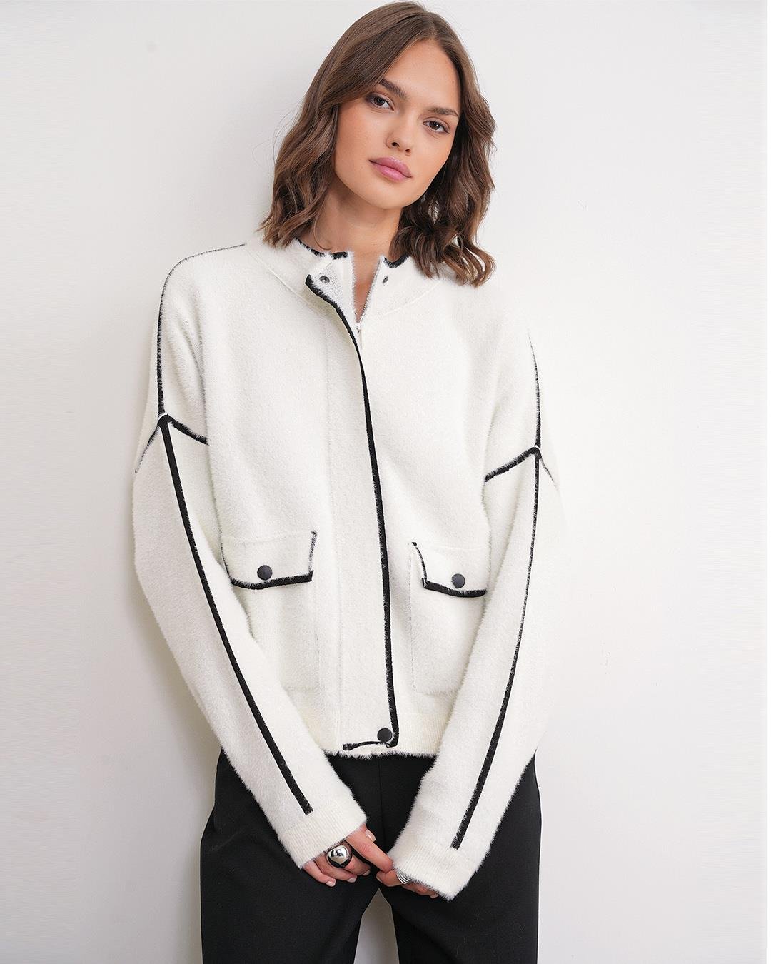 6912 Kadın Şerit Detaylı Triko Ceket Ekru