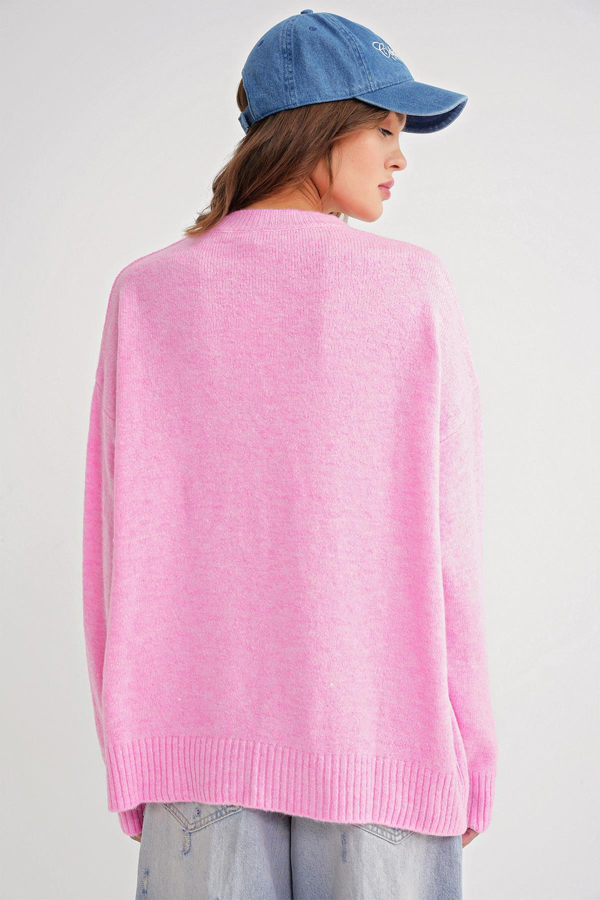 6913 Kadın Salaş Yumuşak Dokulu Triko Kazak Pembe