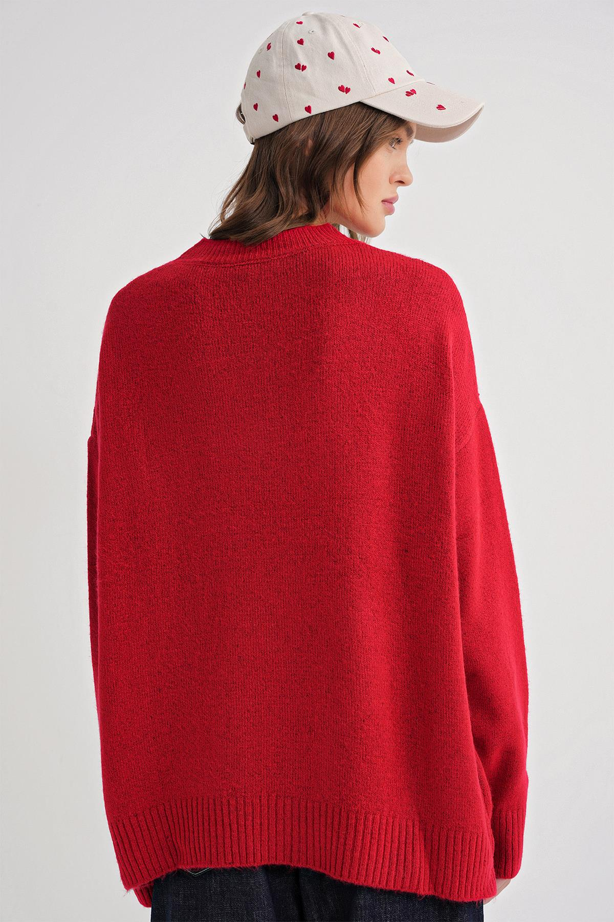 6913 Kadın Salaş Yumuşak Dokulu Triko Kazak Kırmızı