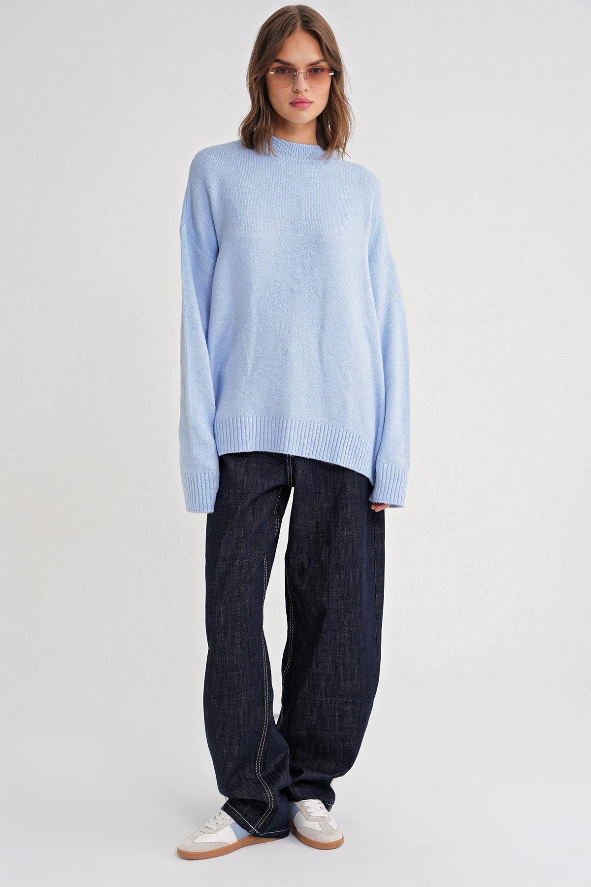 6913 Kadın Salaş Yumuşak Dokulu Triko Kazak Bebe Mavi