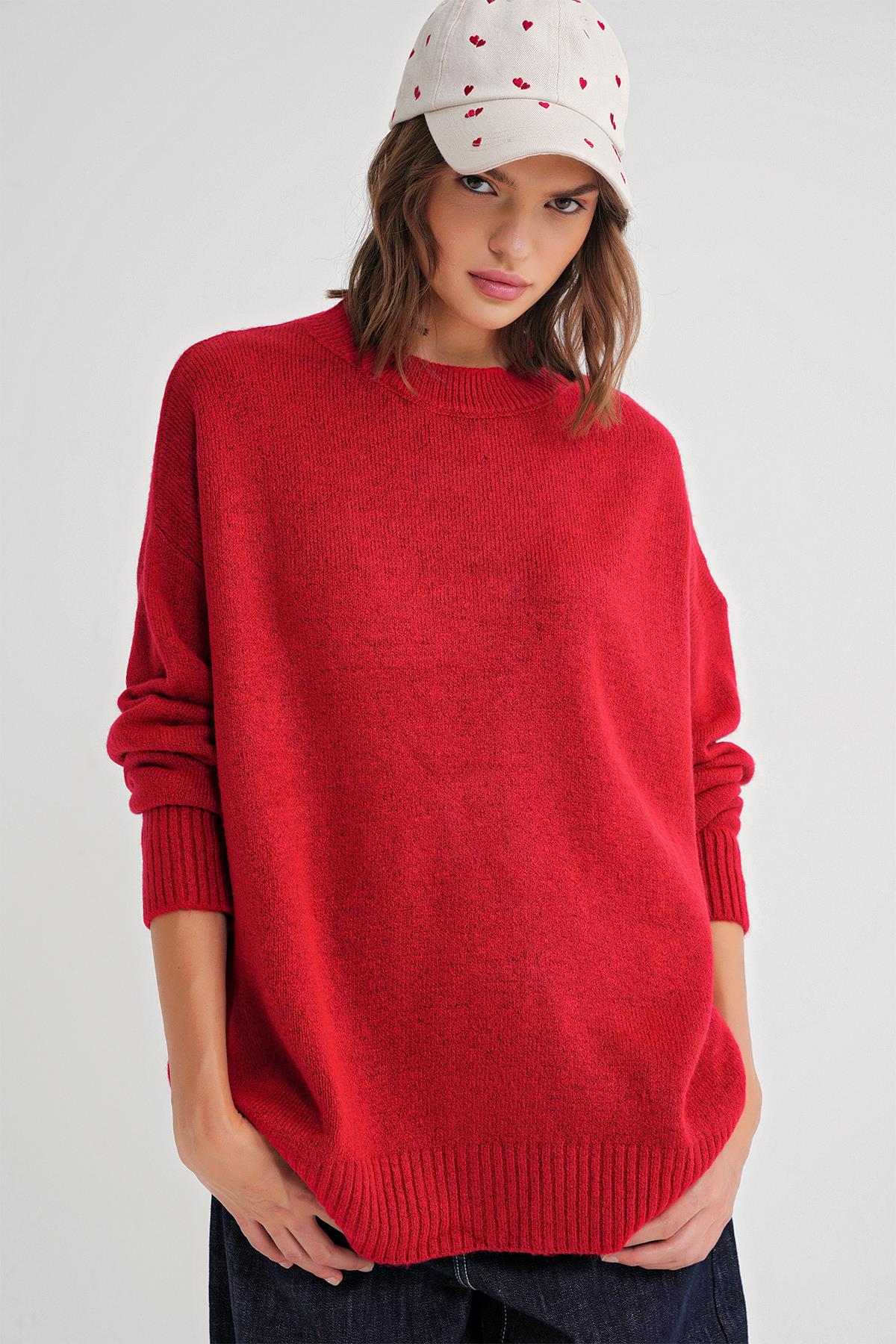 6913 Kadın Salaş Yumuşak Dokulu Triko Kazak Kırmızı