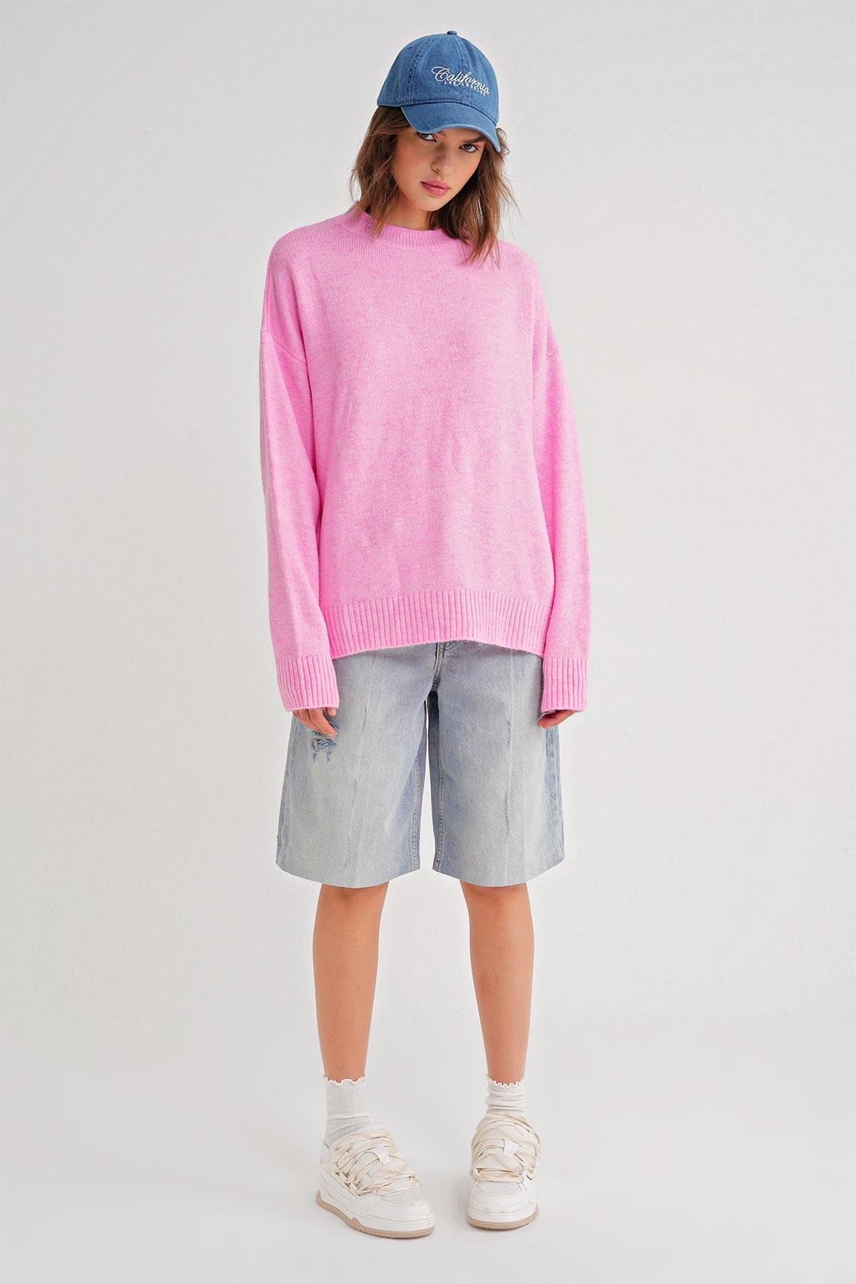 6913 Kadın Salaş Yumuşak Dokulu Triko Kazak Pembe