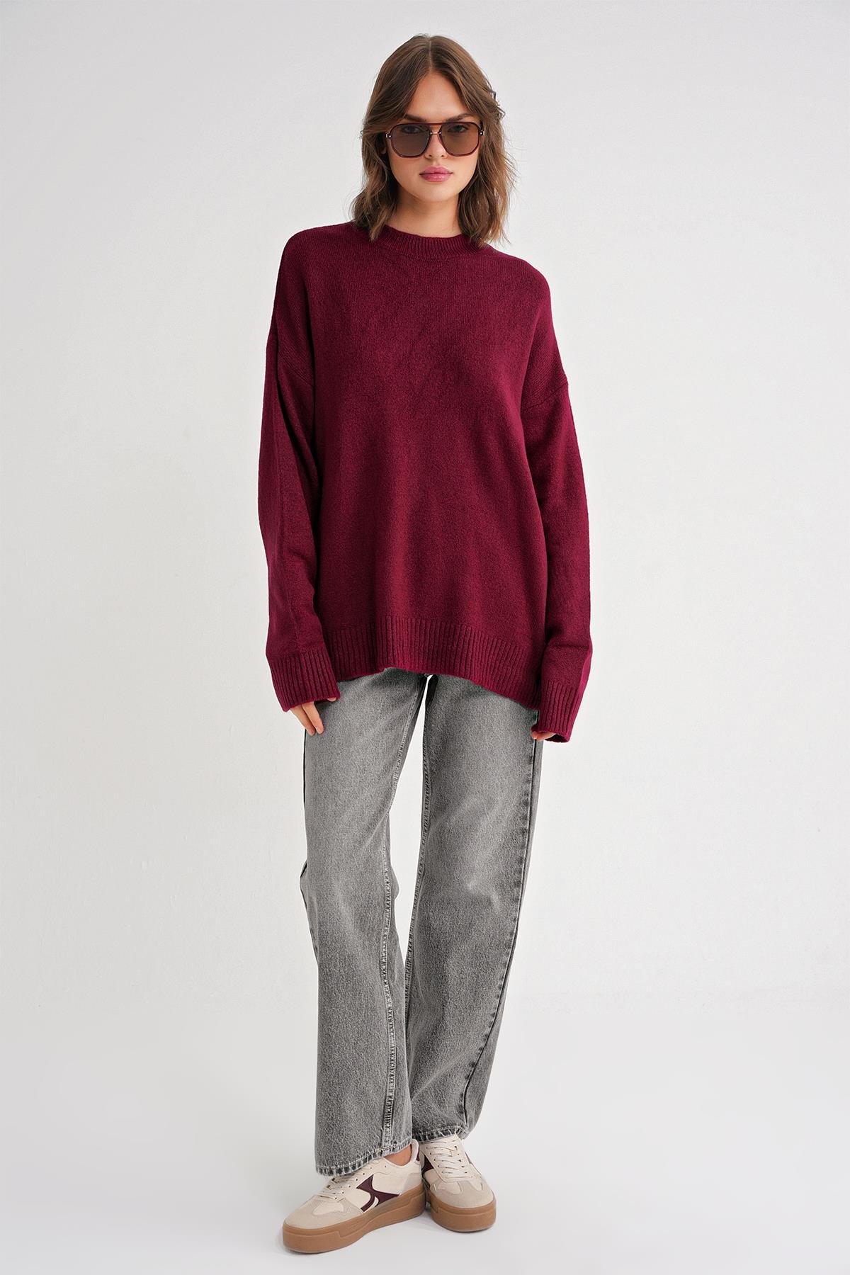 6913 Kadın Salaş Yumuşak Dokulu Triko Kazak Bordo