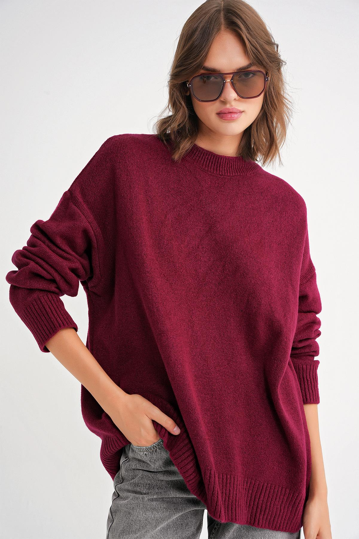 6913 Kadın Salaş Yumuşak Dokulu Triko Kazak Bordo