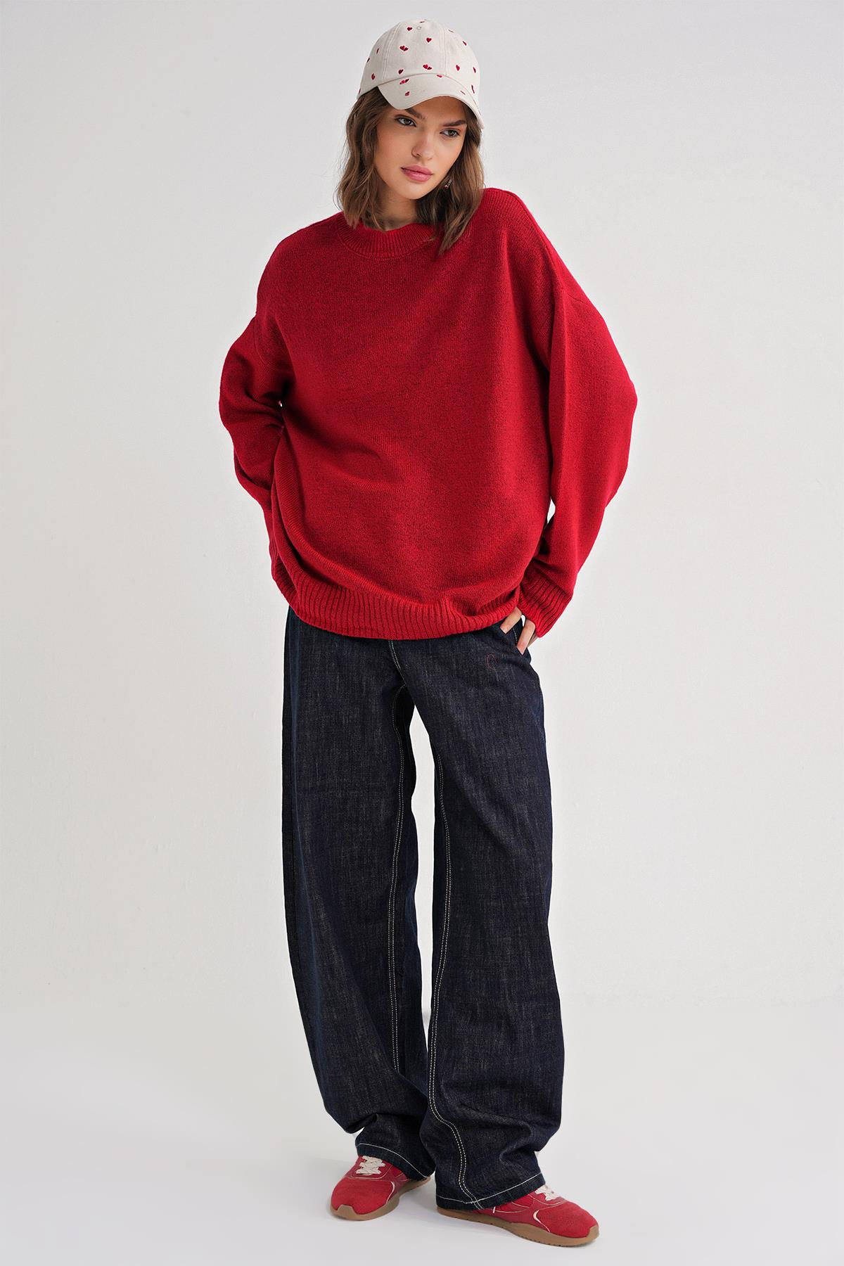 6913 Kadın Salaş Yumuşak Dokulu Triko Kazak Kırmızı