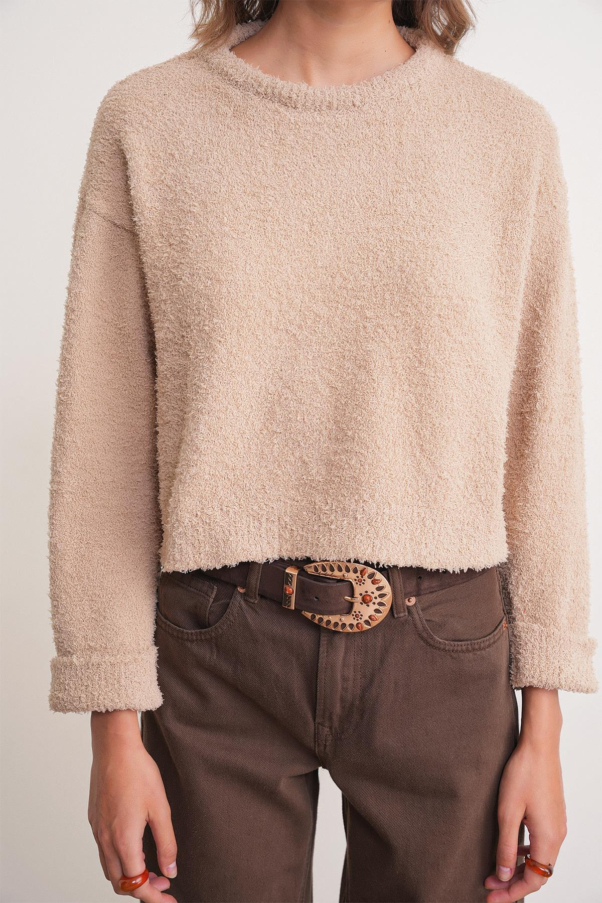 6917 Kadın Buklet Basic Triko Kazak Bej