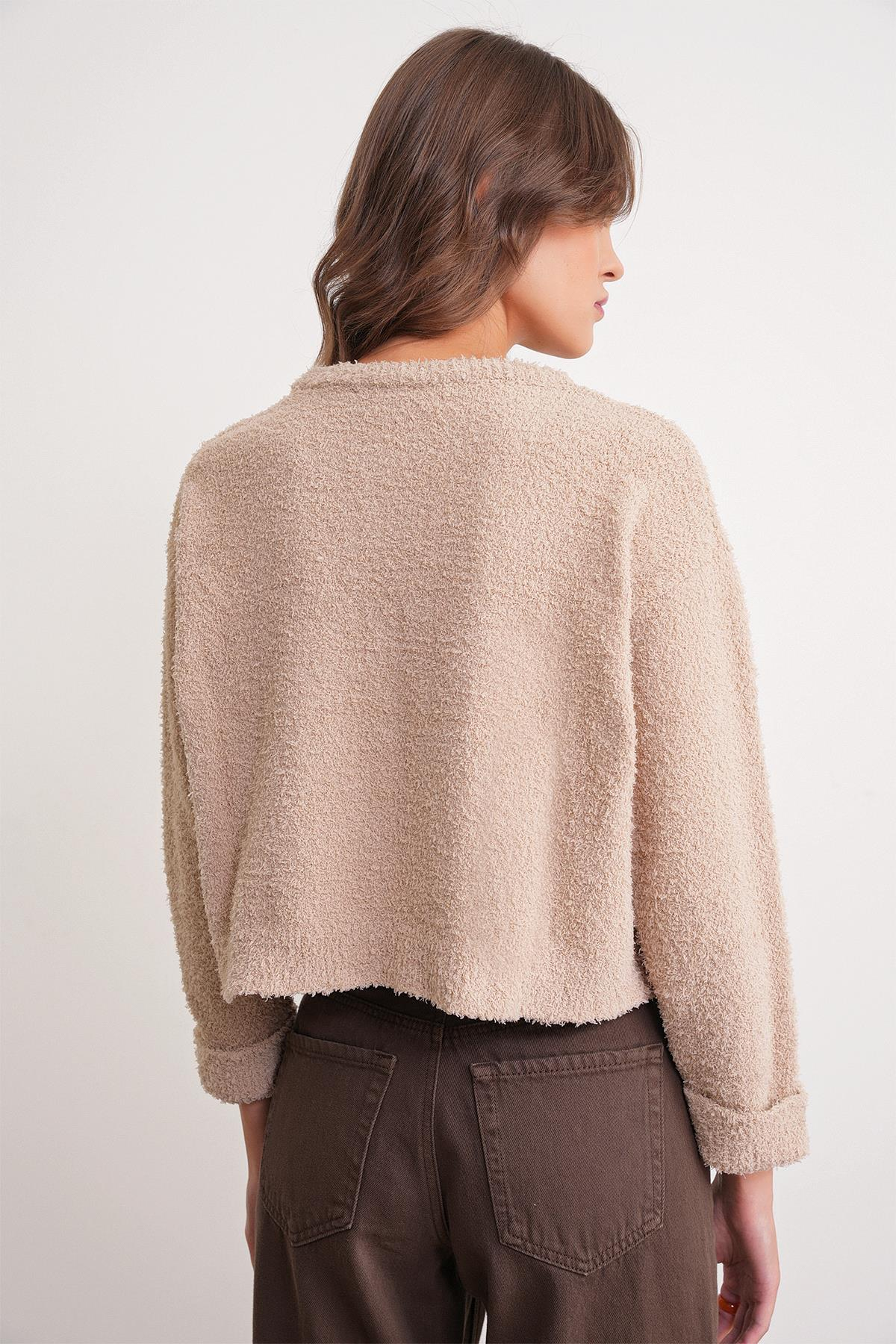 6917 Kadın Buklet Basic Triko Kazak Bej