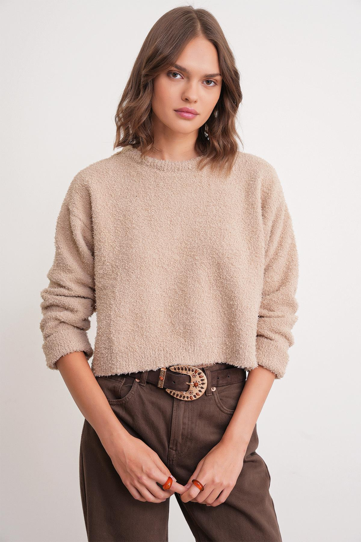 6917 Kadın Buklet Basic Triko Kazak Bej