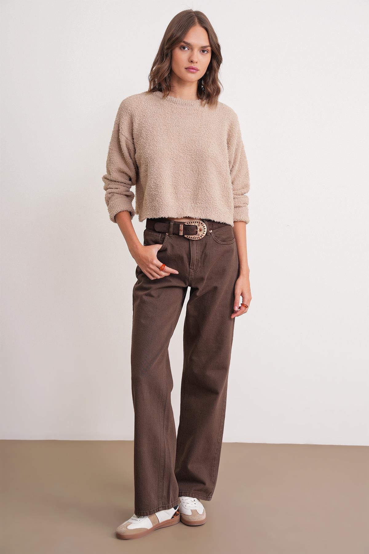 6917 Kadın Buklet Basic Triko Kazak Bej