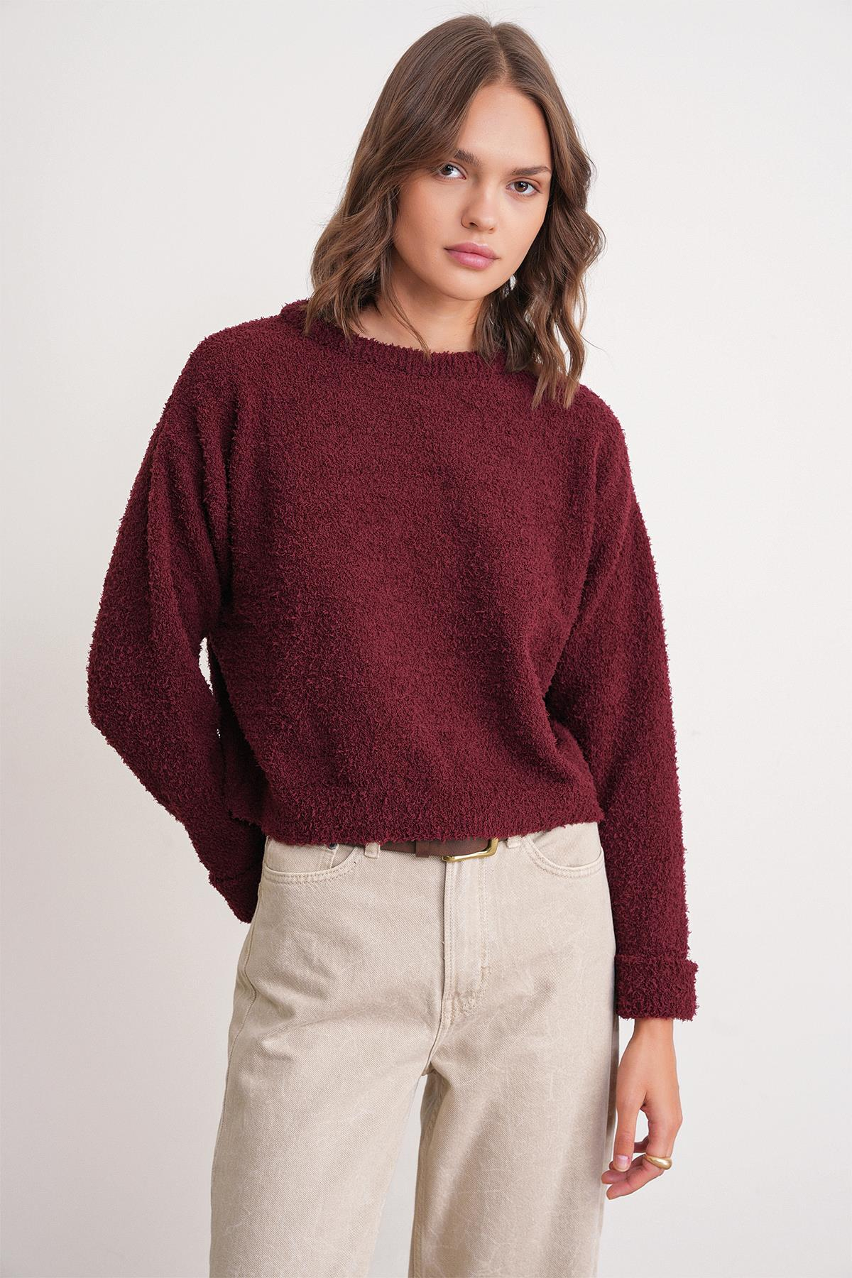 6917 Kadın Buklet Basic Triko Kazak Bordo