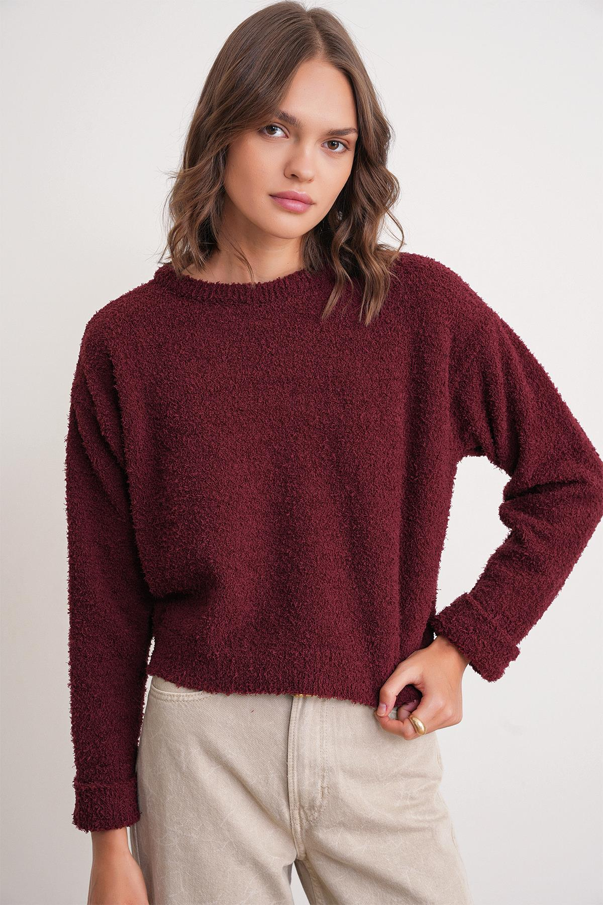 6917 Kadın Buklet Basic Triko Kazak Bordo