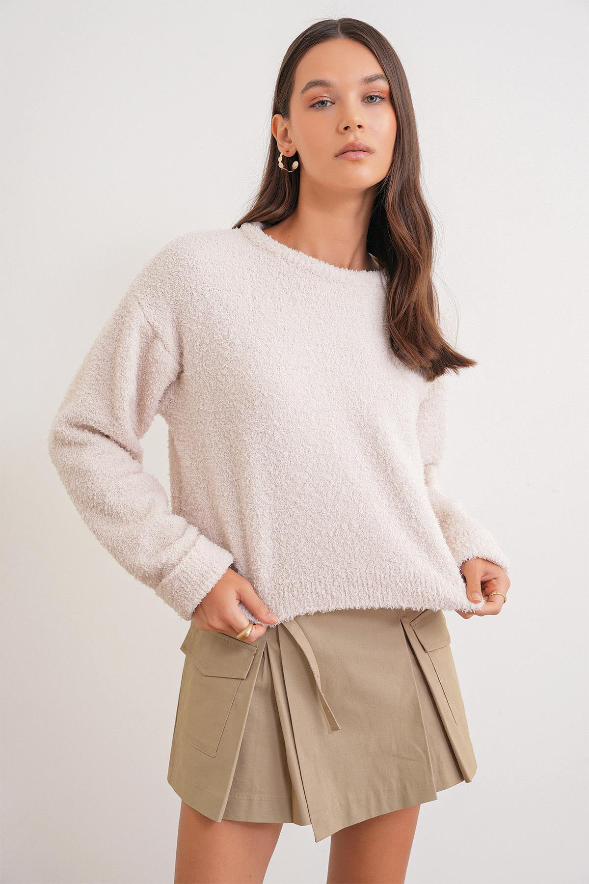 6917 Kadın Buklet Basic Triko Kazak Naturel