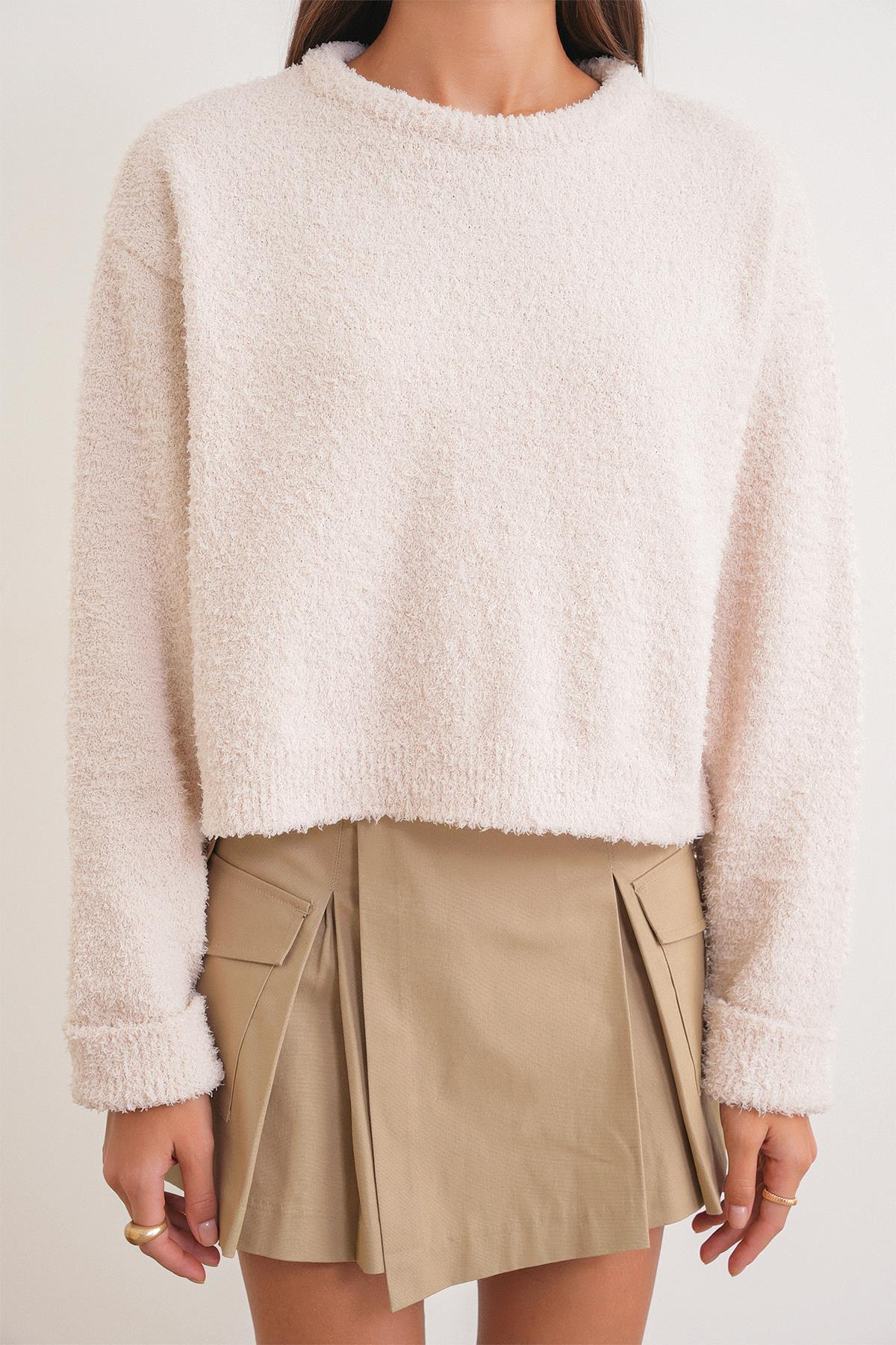 6917 Kadın Buklet Basic Triko Kazak Naturel