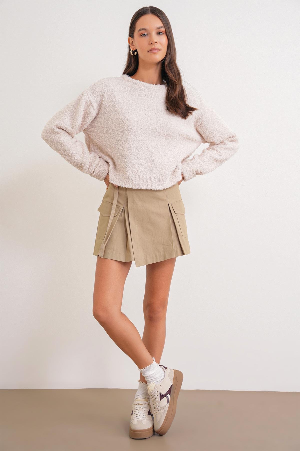 6917 Kadın Buklet Basic Triko Kazak Naturel