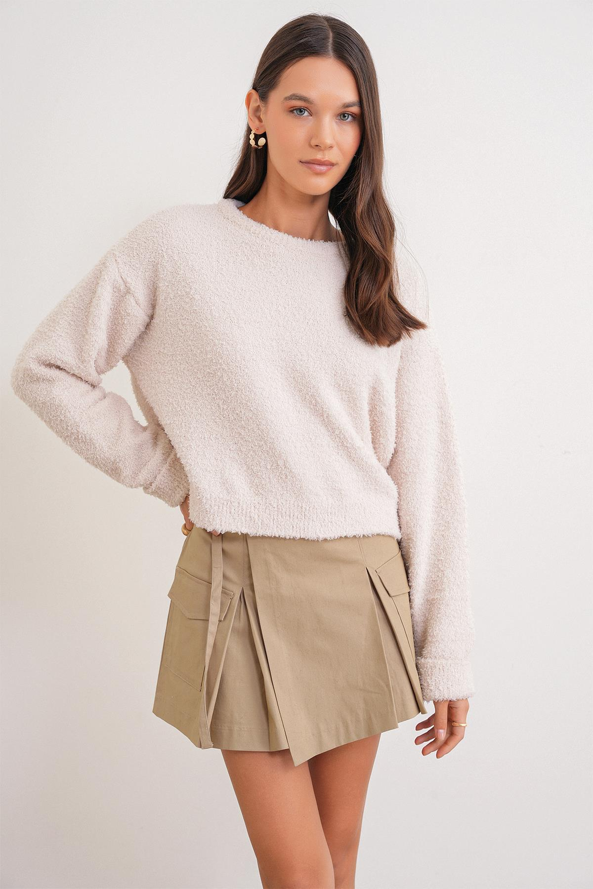 6917 Kadın Buklet Basic Triko Kazak Naturel