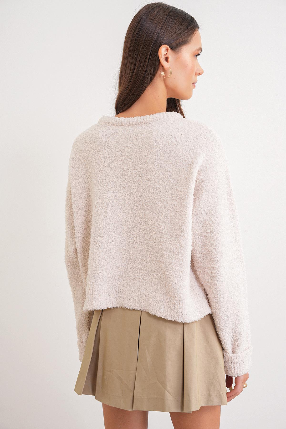 6917 Kadın Buklet Basic Triko Kazak Naturel