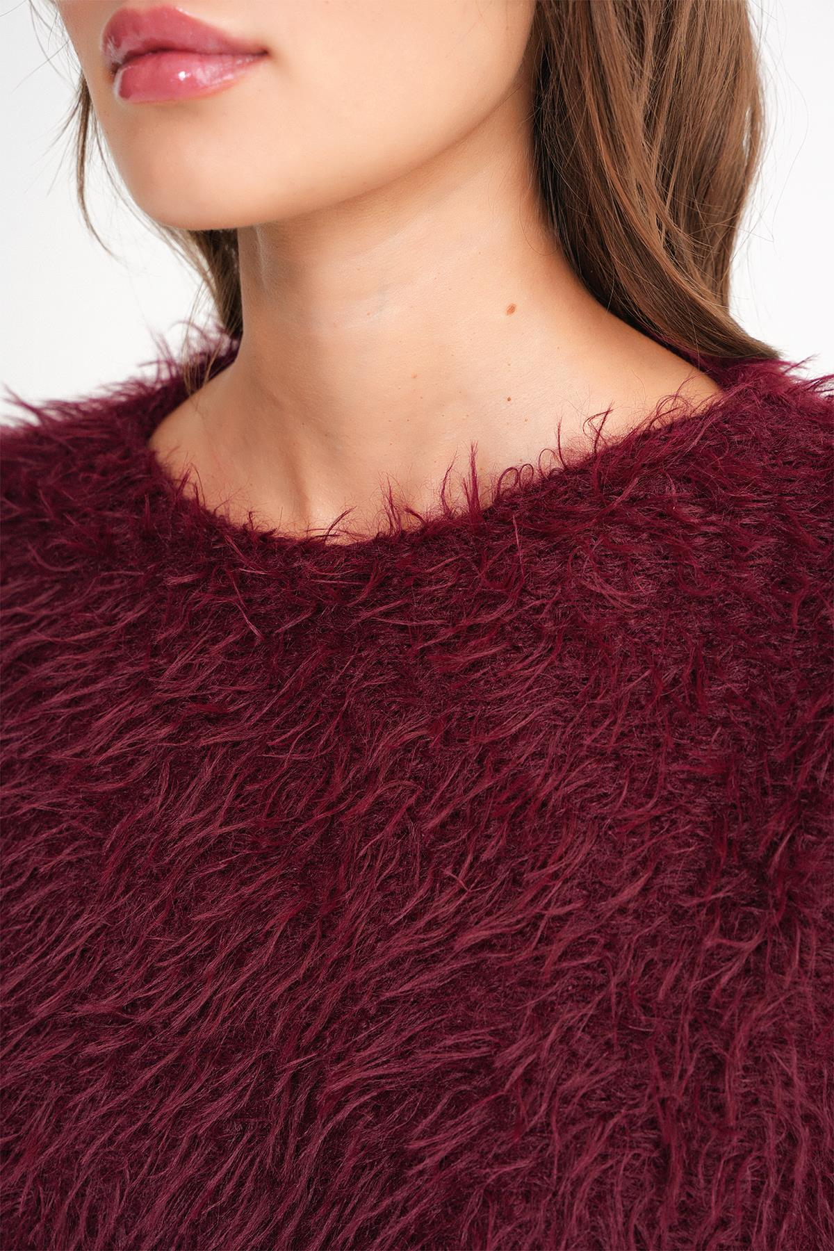 6918 Kadın Uzun Sakallı Triko Kazak Bordo