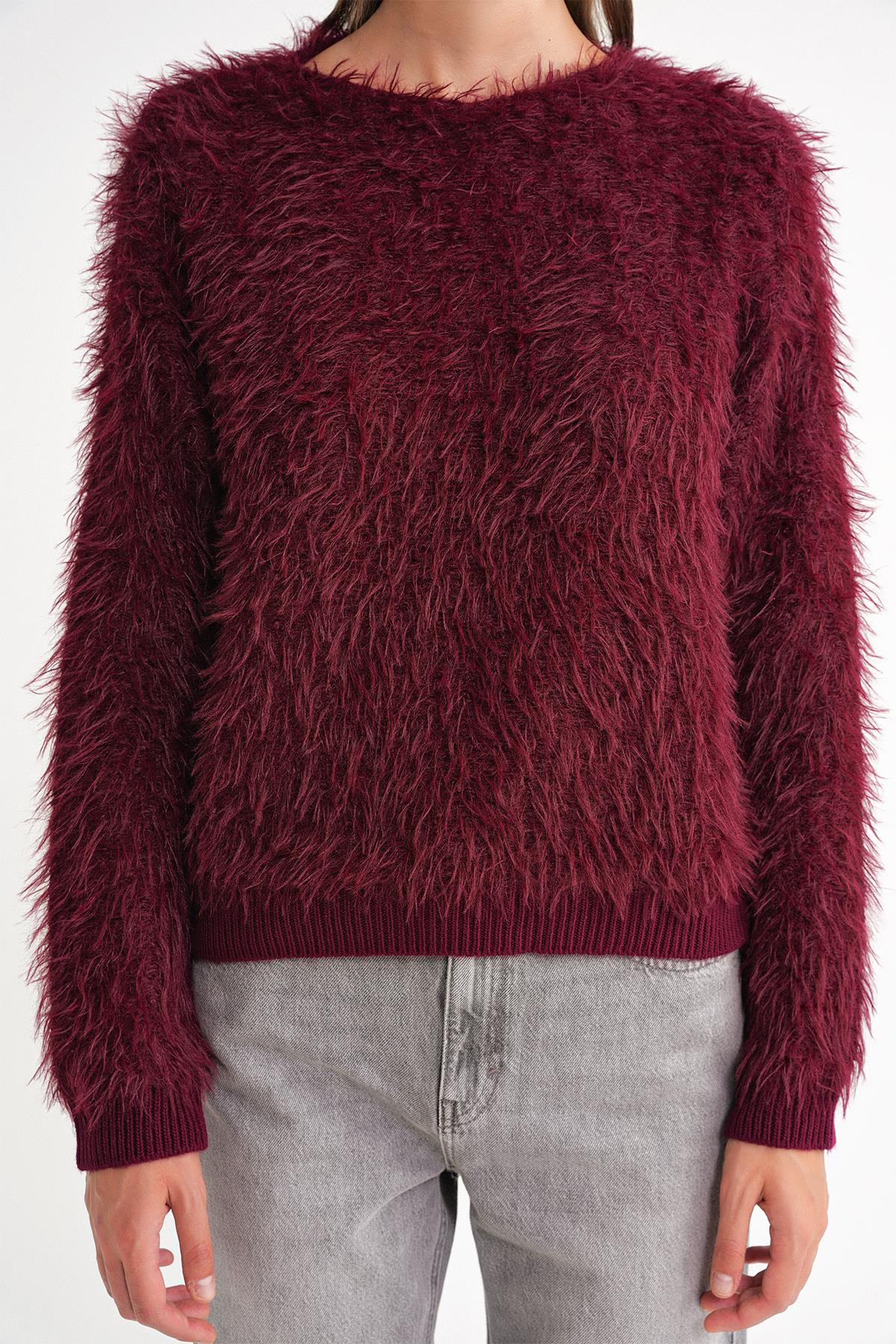 6918 Kadın Uzun Sakallı Triko Kazak Bordo